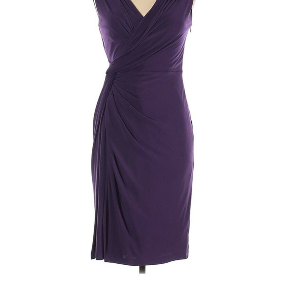 $230 ADRIANNA PAPELL PURPLE V-NECK WRAP SLEEVELESS COCKTAIL DRESS RUCHED - Picture 3 of 4